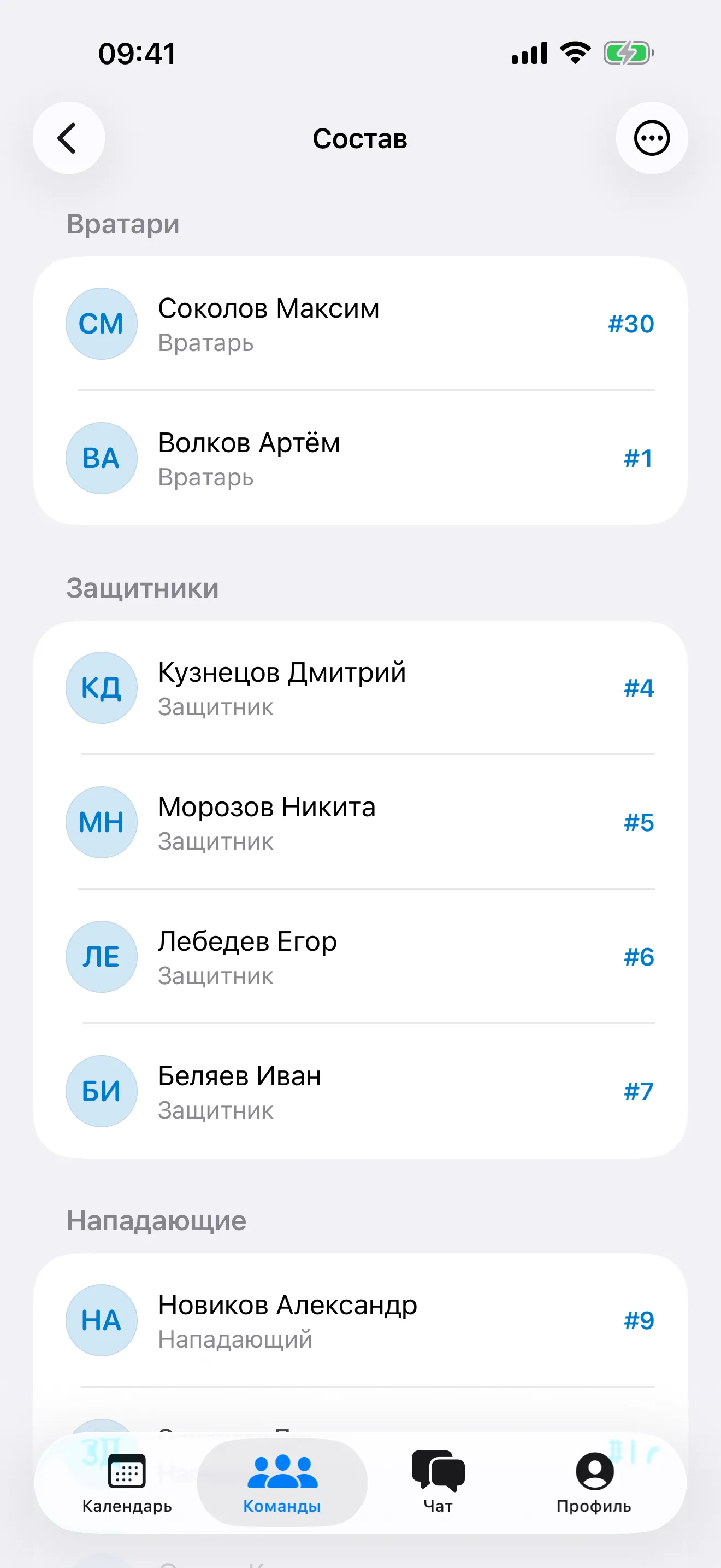 Экран состава команды